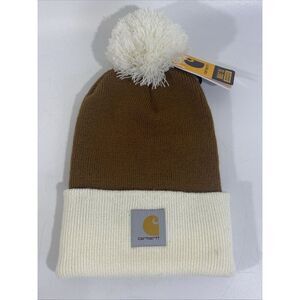 Carhartt Unisex Knit Pompom Cuffed Beanie Ski Hat Brown White NWT